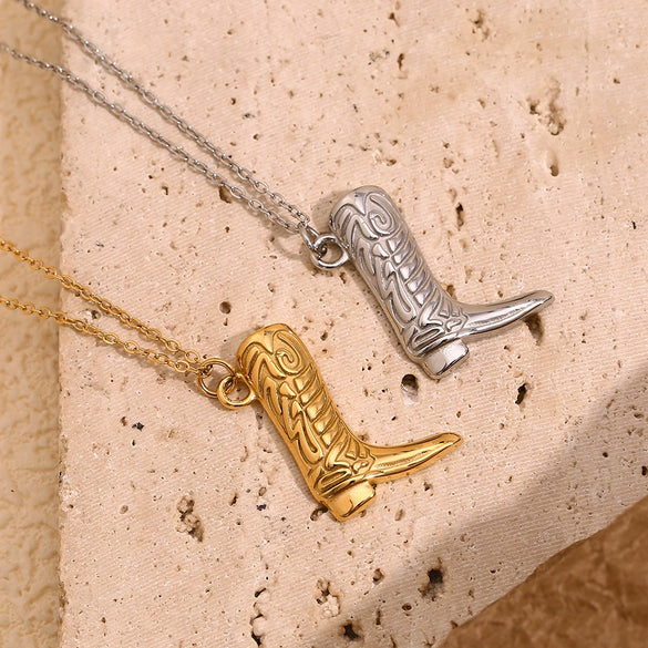 Wholesale Elegant Creative Pendant Necklace For Women Stainless Steel 18K Gold Plated Western Cowboy Boots Pendant With Geometric Pattern And Electroplating Treatment