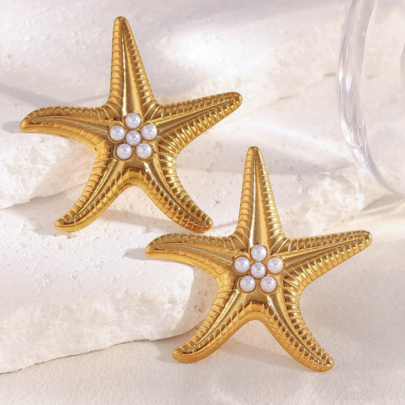 Wholesale Elegant Creative Retro Light Luxury Stainless Steel 18K Gold Plated Starfish Imitation Pearl Earrings With Electroplating For Women