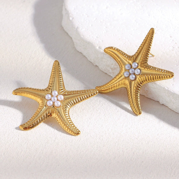 Wholesale Elegant Creative Retro Light Luxury Stainless Steel 18K Gold Plated Starfish Imitation Pearl Earrings With Electroplating For Women