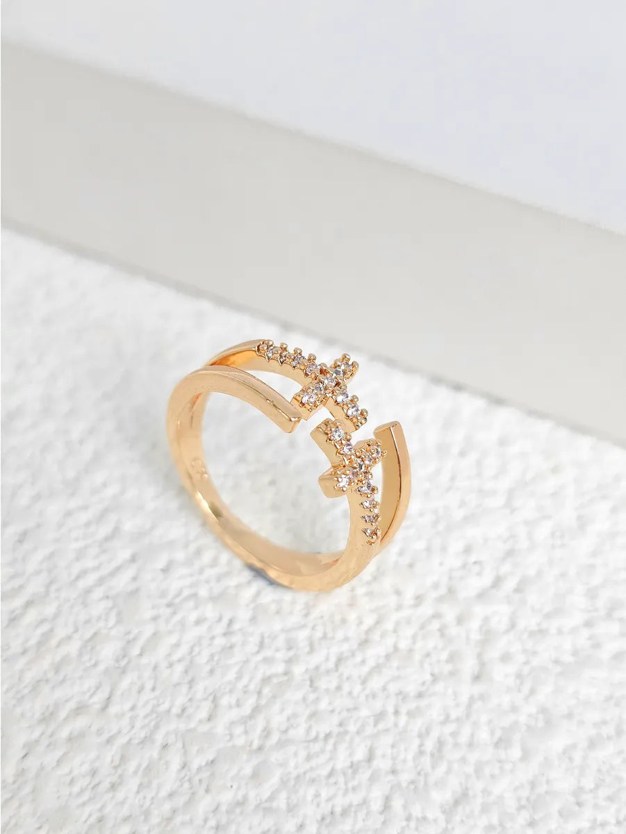 Wholesale Elegant Cross Heart Shape Copper Inlay K Gold Plated Zircon Open Rings