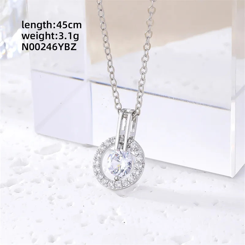 Wholesale Elegant Cute Luxurious Circle 304 Stainless Steel Copper Plating Inlay Rhodium Plated Zircon Pendant Necklace