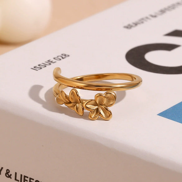 Wholesale Elegant Double Layer Three Flowers Open Ring Stainless Steel 18K Gold Plated Casting Jewelry With Geometric Styling For Women