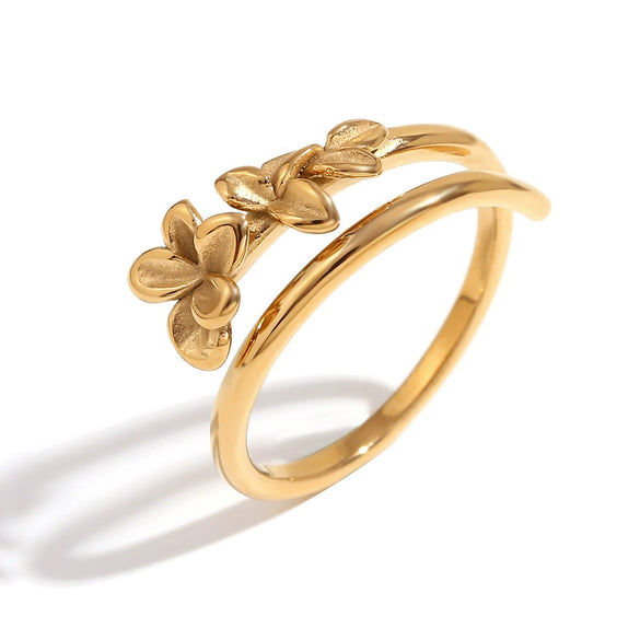 Wholesale Elegant Double Layer Three Flowers Open Ring Stainless Steel 18K Gold Plated Casting Jewelry With Geometric Styling For Women
