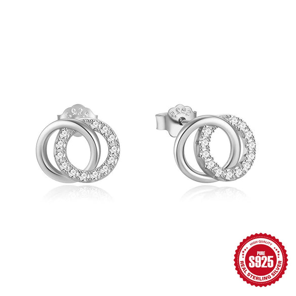 Wholesale Elegant Double Ring Geometric Stud Earrings 925 Sterling Silver Diamondembedded Electroplated For Women