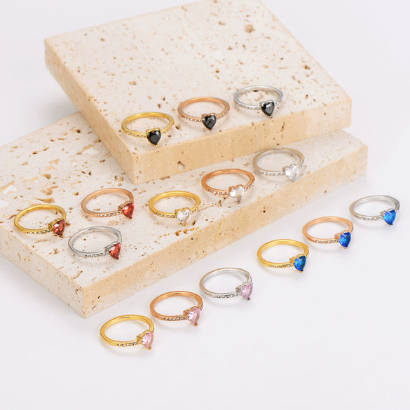 Wholesale Elegant Electroplated Stainless Steel Heart Shape Inlaid Zircon Colored Diamond Ring For Women