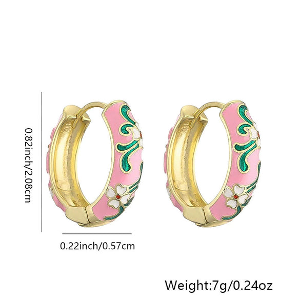 Wholesale Elegant Geometric Copper Gold Plated Pink Flower Pattern Oil Drop Earrings For Women