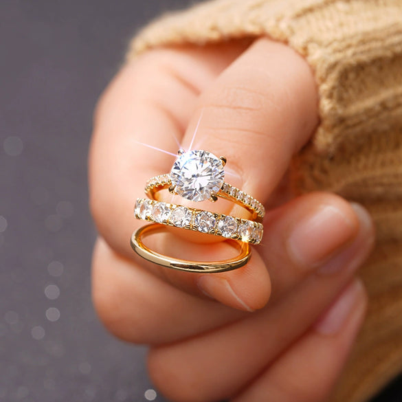 Wholesale Elegant Geometric Copper Ring Threepiece Set With Zirconia