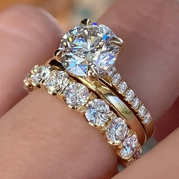 Wholesale Elegant Geometric Copper Ring Threepiece Set With Zirconia
