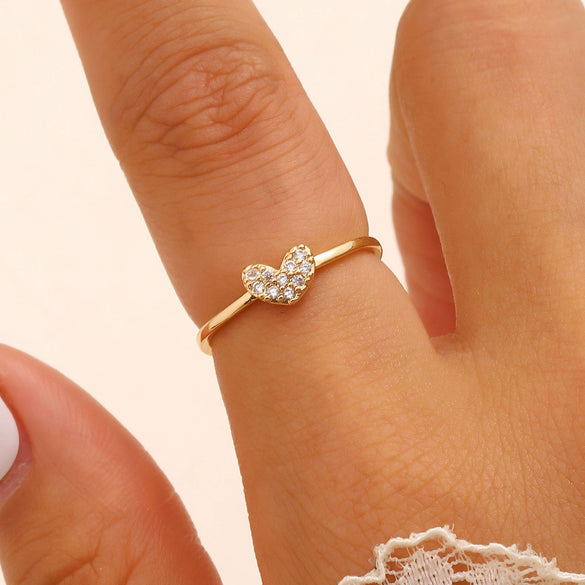 Wholesale Elegant Heartshaped Hollow Woven Copper Zircon Electroplated Ring For Women