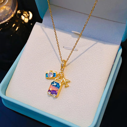 Wholesale Elegant Lady Camera Airplane 304 Stainless Steel Copper Enamel Hollow Out Inlay 18K Gold Plated K Gold Plated Zircon Pendant Necklace