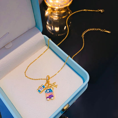 Wholesale Elegant Lady Camera Airplane 304 Stainless Steel Copper Enamel Hollow Out Inlay 18K Gold Plated K Gold Plated Zircon Pendant Necklace