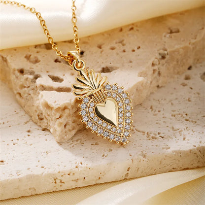 Wholesale Elegant Lady Classic Style Human Heart Shape 304 Stainless Steel Copper Inlay K Gold Plated Zircon Pendant Necklace