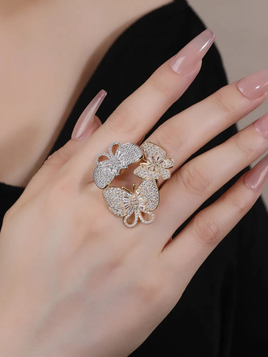 Wholesale Elegant Lady Flower Butterfly Copper Plating Inlay Zircon Open Rings