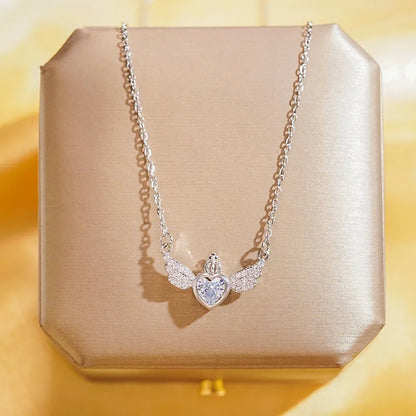 Wholesale Elegant Lady Heart Shape Crown Wings 304 Stainless Steel Copper Inlay 18K Gold Plated K Gold Plated Zircon Pendant Necklace