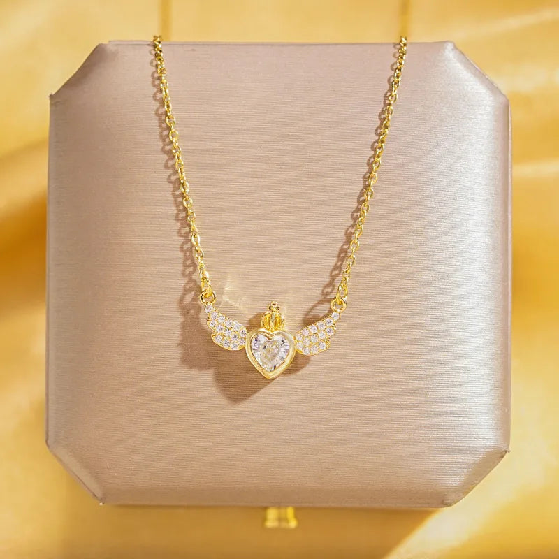 Wholesale Elegant Lady Heart Shape Crown Wings 304 Stainless Steel Copper Inlay 18K Gold Plated K Gold Plated Zircon Pendant Necklace