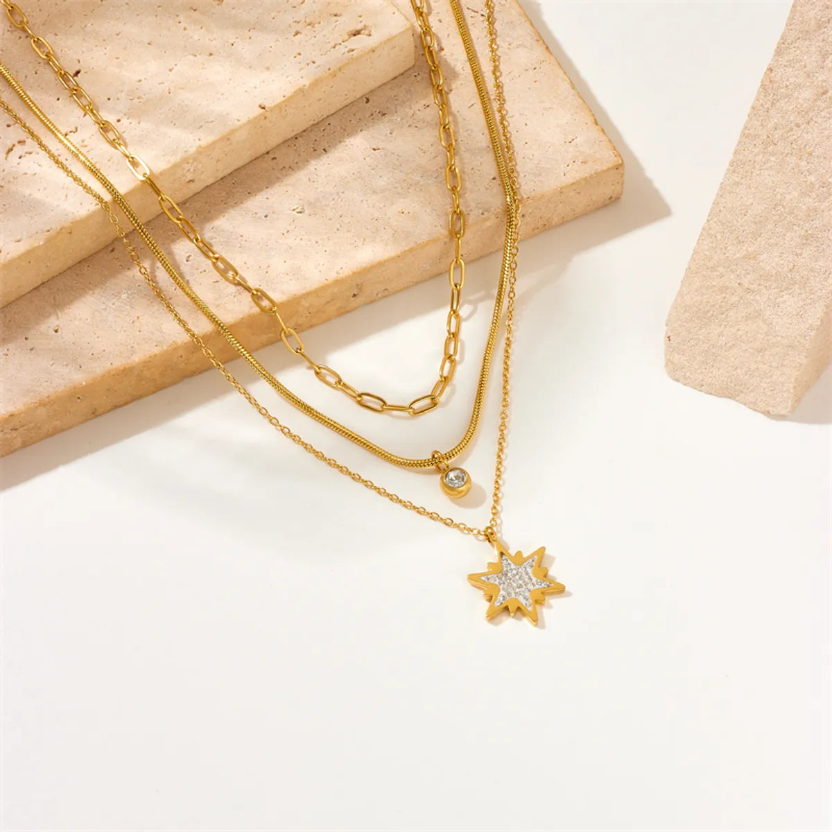 Wholesale Elegant Lady Korean Style Star Titanium Steel Layered Plating Inlay 18k Gold Plated Rhinestones Layered Necklaces