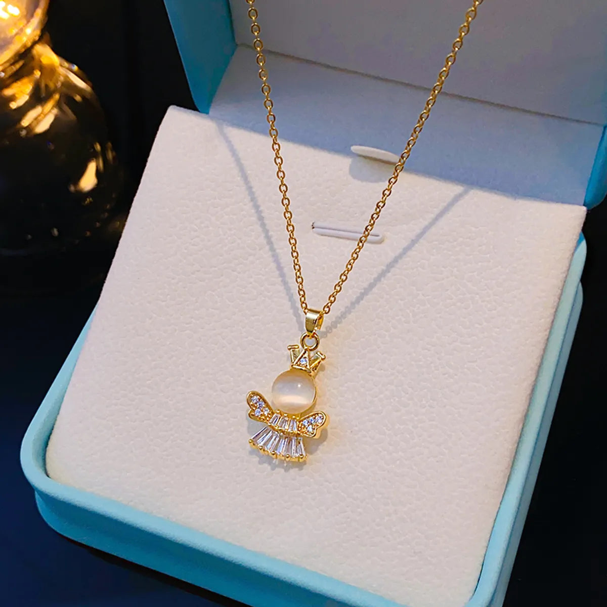 Wholesale Elegant Lady Streetwear Angel 304 Stainless Steel Copper Inlay 18K Gold Plated K Gold Plated Opal Zircon Pendant Necklace