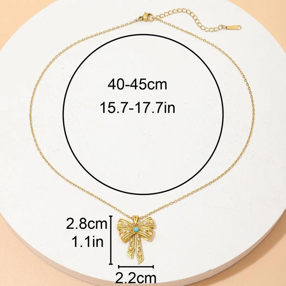 Wholesale Elegant Lady Streetwear Bow Knot Copper Inlay 18K Gold Plated Imitation Pearl Turquoise Pendant Necklace