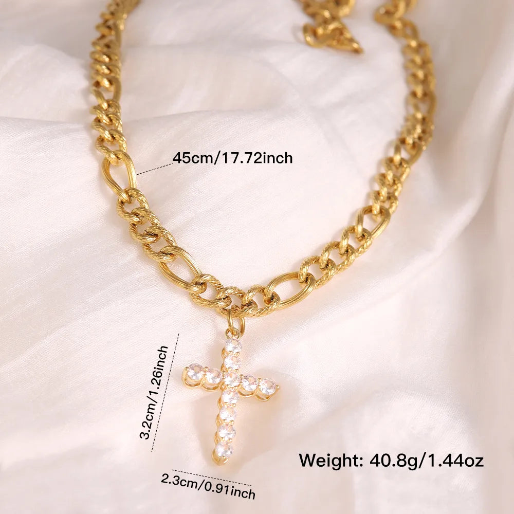 304 Stainless Steel Copper 18K Gold Plated Elegant Lady Streetwear Plating Inlay Cross Zircon Pendant Necklace