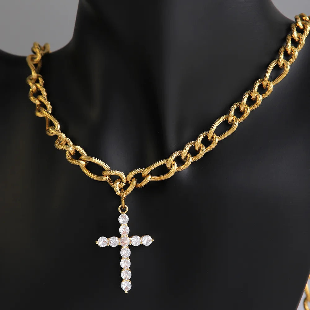 304 Stainless Steel Copper 18K Gold Plated Elegant Lady Streetwear Plating Inlay Cross Zircon Pendant Necklace