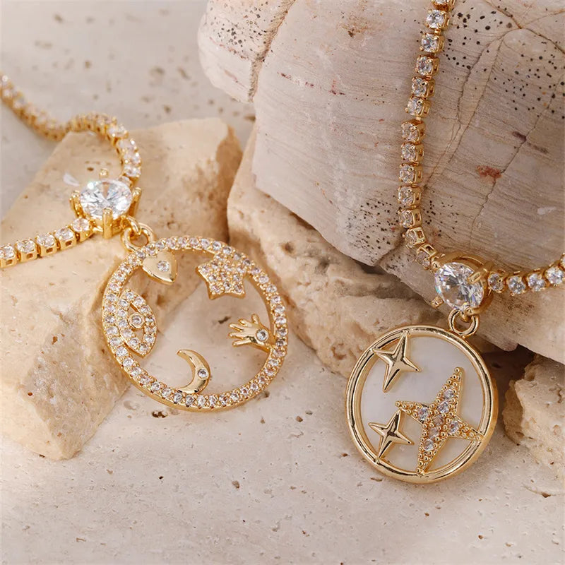 Wholesale Elegant Lady Streetwear Star Moon Copper Hollow Out Inlay K Gold Plated Zircon Pendant Necklace