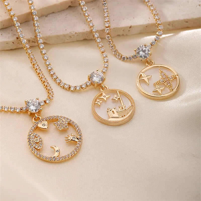 Wholesale Elegant Lady Streetwear Star Moon Copper Hollow Out Inlay K Gold Plated Zircon Pendant Necklace