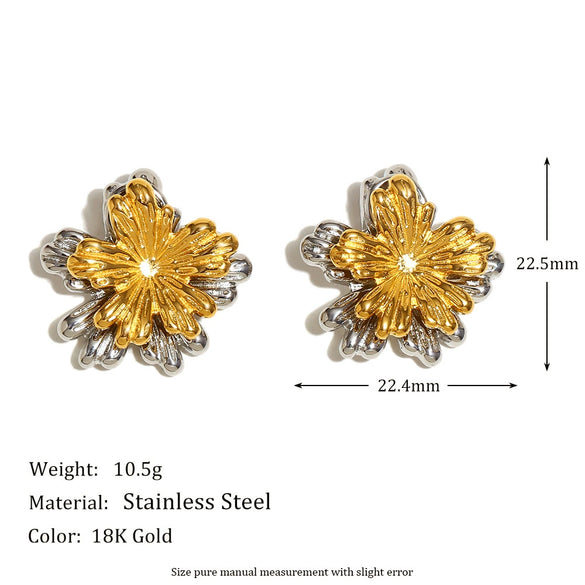 Wholesale Elegant Light Luxury Design Irregular Stainless Steel 18K Gold Plated Double Leaf Flower Earrings For Women