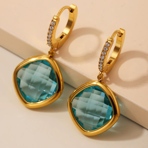 Wholesale Elegant Light Luxury Geometric Glass Stone And Stainless Steel Goldplated Earrings For Women