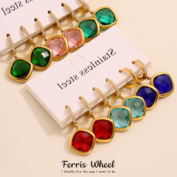 Wholesale Elegant Light Luxury Geometric Glass Stone And Stainless Steel Goldplated Earrings For Women