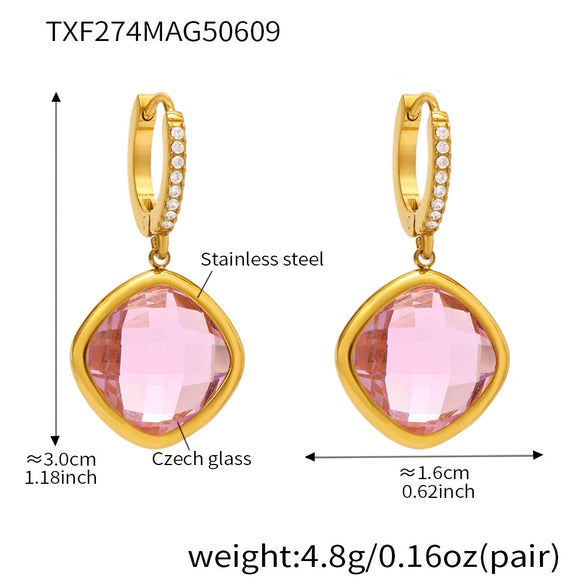Wholesale Elegant Light Luxury Geometric Glass Stone And Stainless Steel Goldplated Earrings For Women