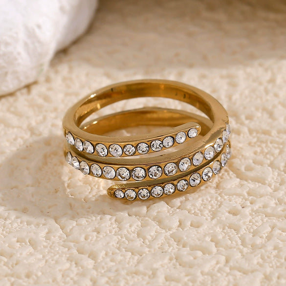 Wholesale Elegant Light Luxury Jewelry Stainless Steel 18K Gold Plated Three Layer Micro White Diamond Ring For Women Geometric Design