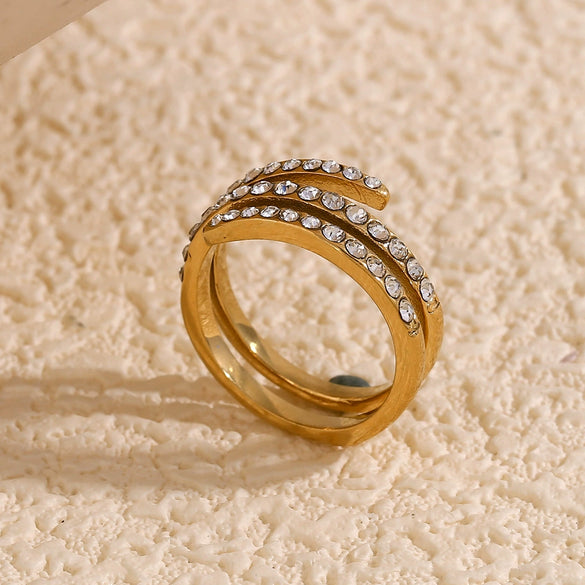 Wholesale Elegant Light Luxury Jewelry Stainless Steel 18K Gold Plated Three Layer Micro White Diamond Ring For Women Geometric Design