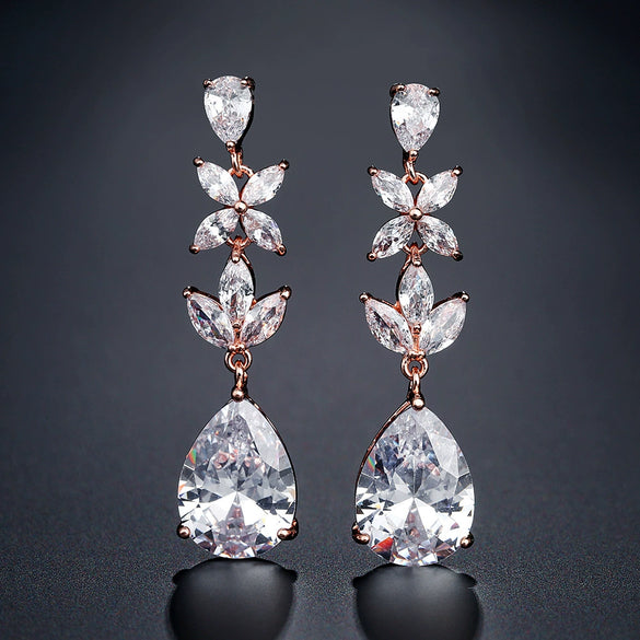 Wholesale Elegant Light Luxury Long Water Drop Zircon Earrings For Female Bride Copper Material Drop Shape Design