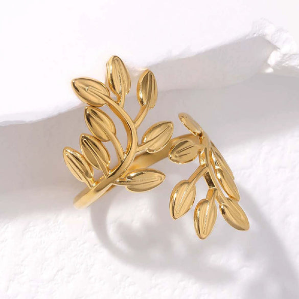 Wholesale Elegant Light Luxury Stainless Steel Ring With Branch Leaf Pattern 18K Gold Plated For Women