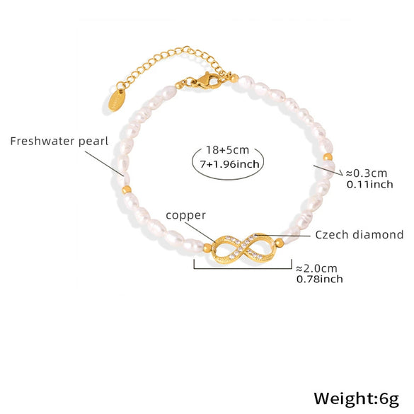 Wholesale Elegant Light Luxury Style Geometric Titanium Steel Bracelet With Natural Freshwater Pearl And 8 Character Diamond Encrusted Electroplating