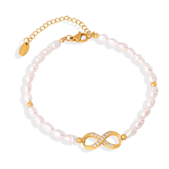 Wholesale Elegant Light Luxury Style Geometric Titanium Steel Bracelet With Natural Freshwater Pearl And 8 Character Diamond Encrusted Electroplating