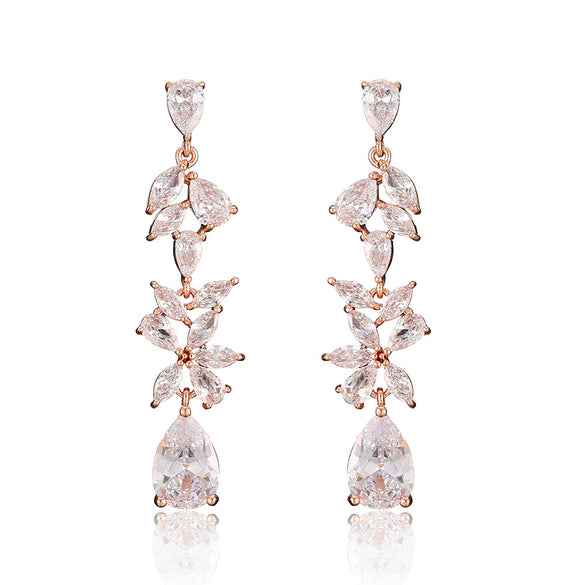 Wholesale Elegant Light Luxury Women's Fashion Long Flower Earrings Copper Microinlaid Zircon Electroplated