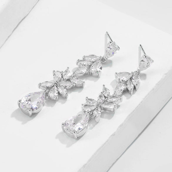 Wholesale Elegant Light Luxury Women's Fashion Long Flower Earrings Copper Microinlaid Zircon Electroplated