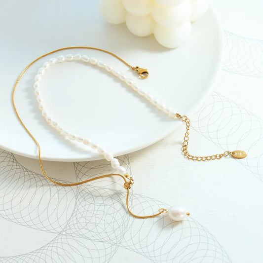 Wholesale Elegant Luxurious Baroque Style Geometric Freshwater Pearl Titanium Steel 18k Gold Plated Necklace