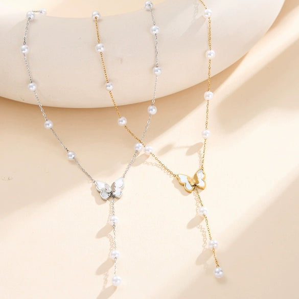 Wholesale Elegant Minimalist Geometric Pearl Necklace With Butterfly Pendant For Women Electroplated Calendering Chain
