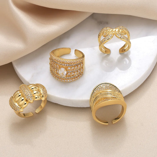 Wholesale Elegant Modern Style Geometric Copper Plating Inlay 18K Gold Plated Zircon Rings