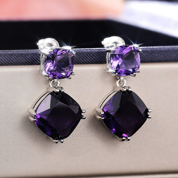 Wholesale Elegant Mysterious Purple Square Zircon Earrings Copper Geometric