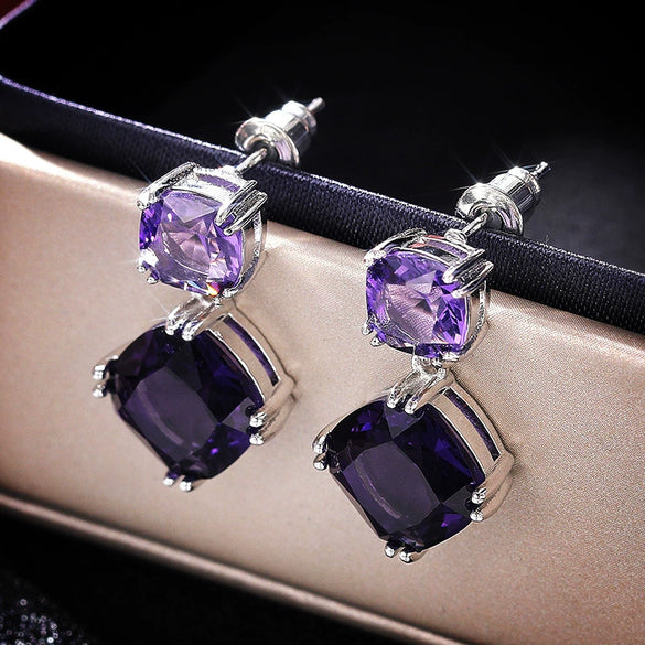 Wholesale Elegant Mysterious Purple Square Zircon Earrings Copper Geometric