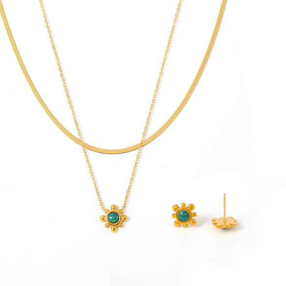 Wholesale Elegant Natural Colored Gem And 316L Stainless Steel Electroplated Earrings And Necklace Set With Sunflower Design