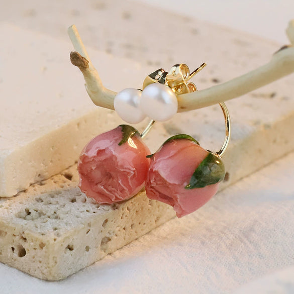 Wholesale Elegant Natural Pearl Rose Flower Glue Earrings With Electroplating