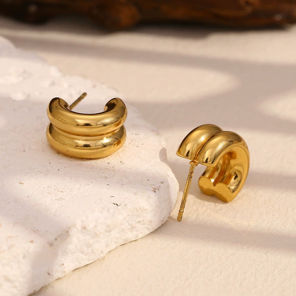 Wholesale Elegant Niche Design Women's Stainless Steel 18K Gold Plated Double Layer Geometric Earrings With Electroplating