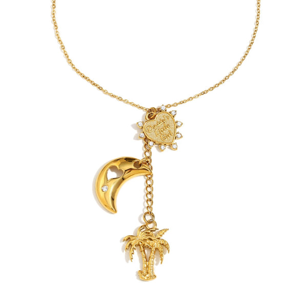 Wholesale Elegant Niche Light Luxury Pendant Necklace Stainless Steel Plated 18K Gold With Distinctive Tassel And Geometric Coconut Tree Pendant Electroplated