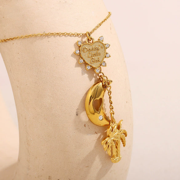 Wholesale Elegant Niche Light Luxury Pendant Necklace Stainless Steel Plated 18K Gold With Distinctive Tassel And Geometric Coconut Tree Pendant Electroplated