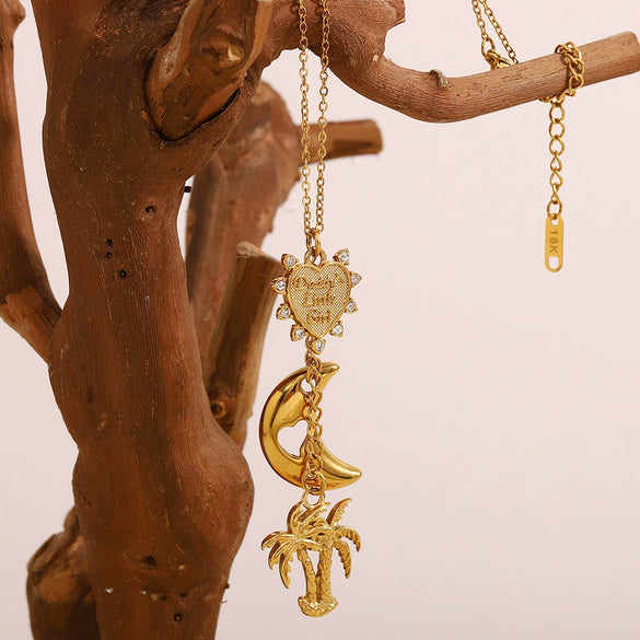 Wholesale Elegant Niche Light Luxury Pendant Necklace Stainless Steel Plated 18K Gold With Distinctive Tassel And Geometric Coconut Tree Pendant Electroplated