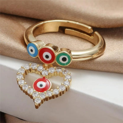 Wholesale Elegant Nordic Style Simple Style Devil's Eye Heart Shape Owl Copper Polishing Inlay 18K Gold Plated Zircon Charm Rings Open Rings